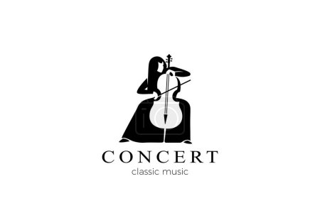 Músico tocar Violín Música Logo sentado diseño vectorial Estilo de espacio negativo.