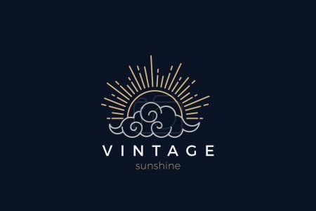 Photo for Sun Cloud Logo Vintage Design Vector Linear Outline Style. Sunshine Badge Logotype concept. - Royalty Free Image