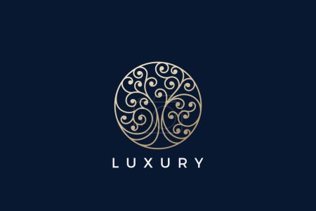 Photo for Vintage Tree Logo Circle shape Luxury Jewelry Design Vector template Linear Outline style. Golden Oak Logotype concept icon. - Royalty Free Image