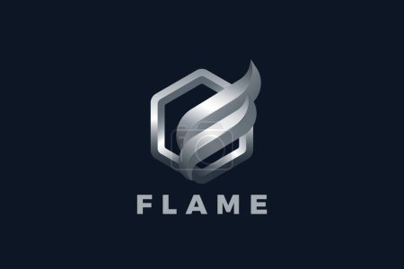 Foto de Logo de llama hexágono Diseño de acero metálico Estilo 3D Vector. Elegante Logotipo financiero de lujo Icono metálico. - Imagen libre de derechos