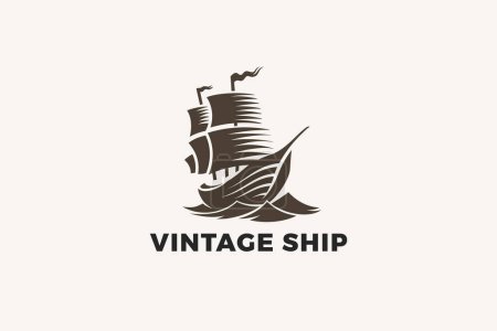 Foto de Vintage Ship Logo Design Plantilla vectorial Estilo de grabado. Velero Antiguo Logotipo medieval Grabar icono de concepto. - Imagen libre de derechos