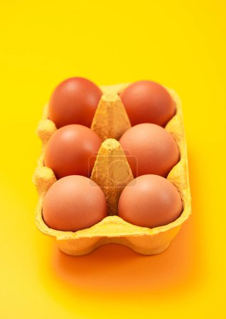 Photo for Brown raw organic eggs in paper tray on yellow background. - Royalty Free Image