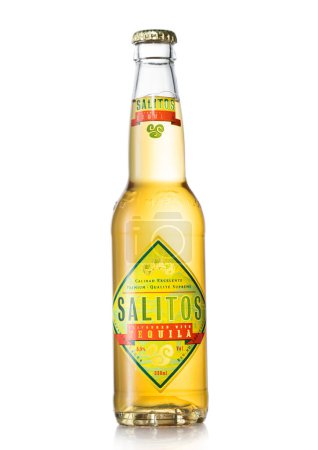 Photo for LONDON, UK - JULY 01, 2022: Bottle of Salitos tequila premium lager beer on white. - Royalty Free Image