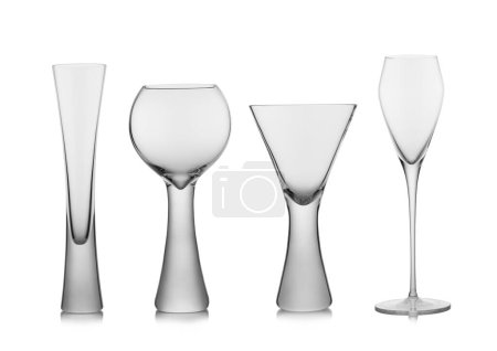 Photo for Set of various luxury wine and champagne glasses on white.Balloon shape,flute and prosecco glasses. - Royalty Free Image