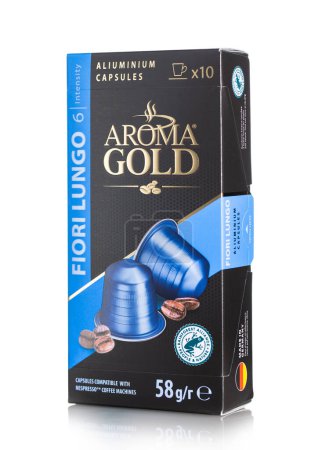 Photo for LONDON, UK - DECEMBER 15, 2022: Aroma Gold Flori Lungo aluminium coffee capsules pods on white. - Royalty Free Image