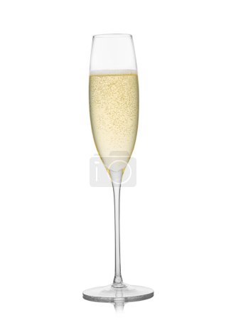 Photo for Yellow golden champagne glass on white background with reflection. - Royalty Free Image