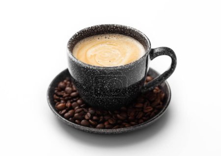 Photo for Coffee in black porcelain cup and fresh raw beans on saucer on white. - Royalty Free Image