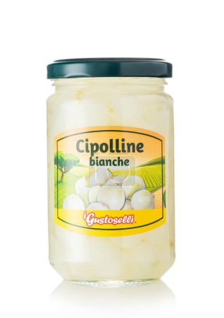 Photo for LONDON, UK - MARCH 12, 2023: Cipolline bianche small white marinated onions in jar on white. - Royalty Free Image