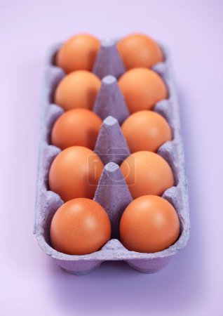 Foto de Huevos orgánicos marrones crudos en bandeja de papel morado sobre púrpura. - Imagen libre de derechos