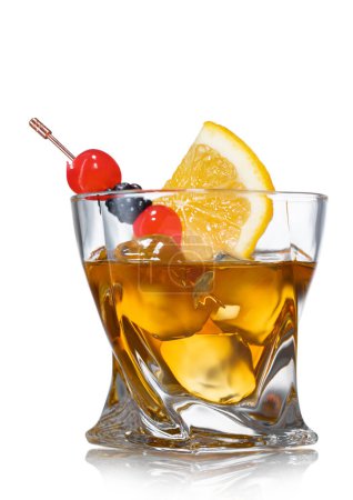 Photo for Old fashioned cocktail with cherries and blackberry with orange slice on white. - Royalty Free Image