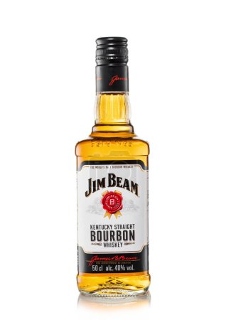 Photo for LONDON,UK - APRIL 12, 2023: Bottle of Jim Beam kentucky straight bourbon whiskey on white. - Royalty Free Image
