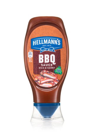 Photo for LONDON,UK - APRIL 12, 2023 : Bottle of Hellmann's BBQ rich and smoky sauce on white. - Royalty Free Image