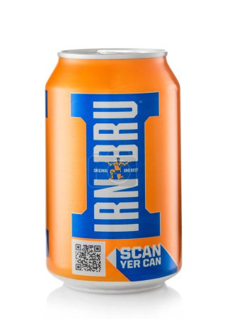 Photo for LONDON,UK - APRIL 21, 2023 : Aluminium can of Irn Bru original and best soda drink on white. - Royalty Free Image