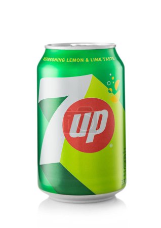 Photo for LONDON,UK - APRIL 21, 2023 : Aluminium can of Seven UP lemon lime soda drink on white. 7UP - Royalty Free Image