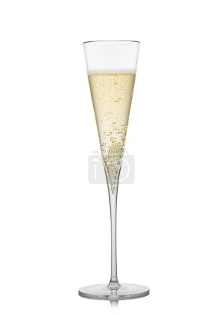 Photo for Yellow golden champagne fine crystal elegant glass on white background with bubbles. - Royalty Free Image