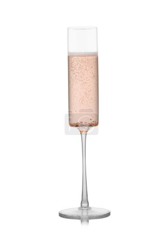 Photo for Rose pink champagne in fine crystal glass with bubbles on white. - Royalty Free Image