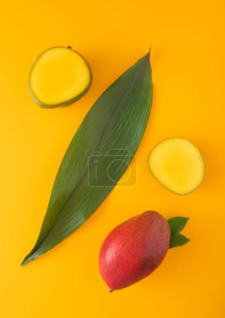 Photo for Fresh red mango and two halves and large leaf on yellow background.Top view. - Royalty Free Image
