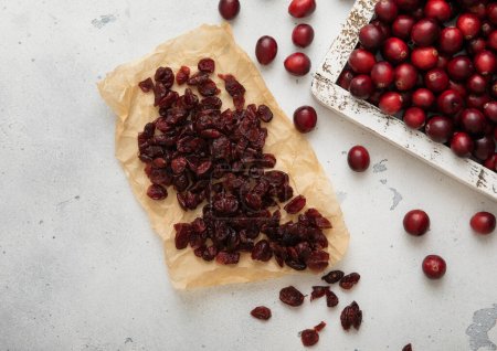 Photo for Dried cranberries with ripe cranberries in wooden box. - Royalty Free Image