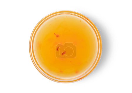 Foto de Cuenco de vidrio con mango dulce y salsa de chile sobre fondo blanco.Vista superior. - Imagen libre de derechos