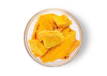 Photo for Dried sweet mango slices on white background.Top view. - Royalty Free Image