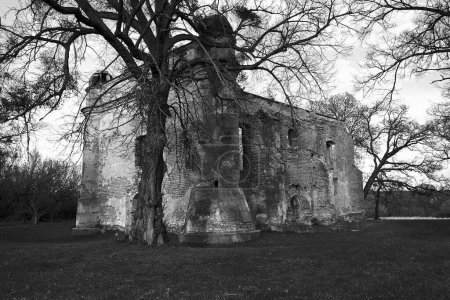 Téléchargez les photos : Ruine d'une brique, église de village délabrée en Pologne, monochrome - en image libre de droit