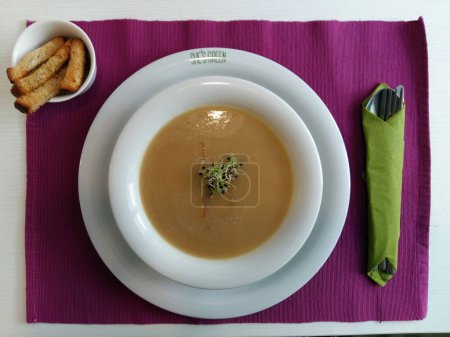 Photo for Cream soup, vegan lunch, with croutons - Royalty Free Image