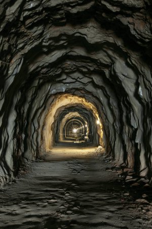Foto de Viejo túnel oscuro en la roca. Luz al final del túnel. Foto vertical - Imagen libre de derechos