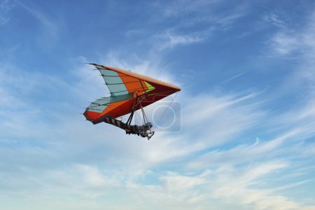 Photo for Red hang glider soaring in the blue sky. Colorful kite wing - Royalty Free Image