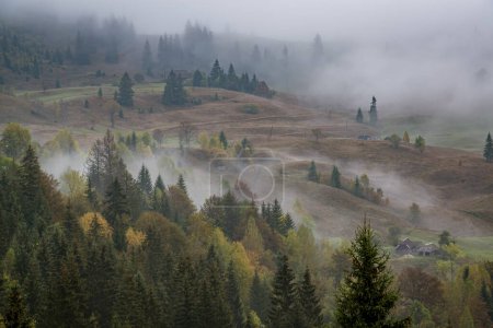 Téléchargez les photos : Cabanes idylliques en bois dans les hautes terres brumeuses. Autentic vie rurale dans les montagnes - en image libre de droit