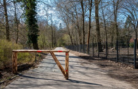 Téléchargez les photos : Barrière en bois sur le sentier forestier, Berlin-Tegel, - en image libre de droit