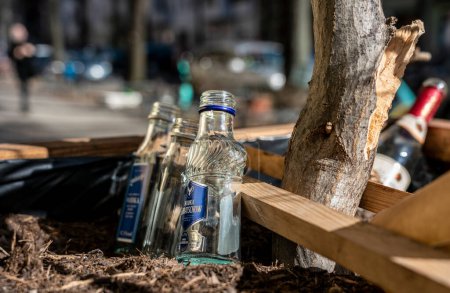 Photo for Environmental pollution, empty liquor bottles in flower tubs, Friedrichshain, Berlin, Germany - Royalty Free Image