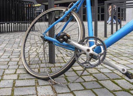 blue abandoned bicycle without saddle, Berlin, Germany