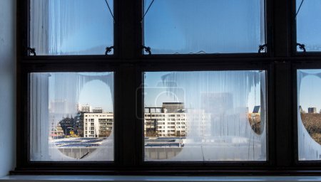 Condensation on the windows in the Martin Gropius Bau, view of Wilhelmstrasse and Berlin-Kreuzberg, Berlin, Germany