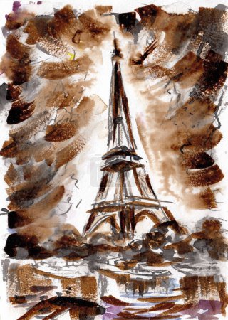 Foto de Paisaje urbano de París y Eiffe. Café dibujado a mano y tinta china sobre texturas de papel. colección coffeedrawn. Imagen de mapa de bits de trama - Imagen libre de derechos