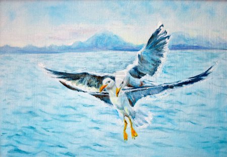 Téléchargez les photos : Deux mouettes en vol au-dessus de la mer. Peinture à l'huile dessinée à la main sur toile textures. Image bitmap raster - en image libre de droit