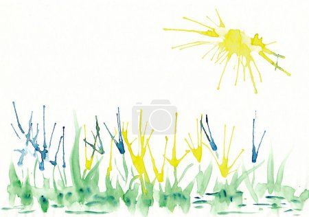 Téléchargez les photos : Paysage fou avec prairie et soleil sur fond blanc. Aquarelle dessinée à la main avec texture papier. Image raster - en image libre de droit