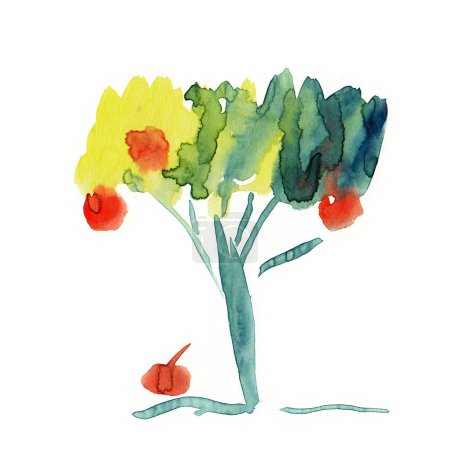 Téléchargez les photos : Red apple tree with green leaf on white background closeup primitive sketch. Hand drawn watercolors on paper textures. Raster image - en image libre de droit