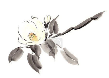 Téléchargez les photos : White flower on white background, made in Chinese technique go-hua. Hand drawn watercolor with paper texture. Raster image - en image libre de droit