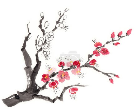 Téléchargez les photos : Sakura branch in blossom on white background, made in Chinese technique go-hua. Hand drawn watercolor with paper texture. Raster image - en image libre de droit