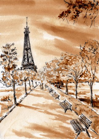 Téléchargez les photos : Paris urban landscape and Eiffe Tower. Hand drawn coffee and chinese ink on paper texture. Coffeedrawn collection. Raster image - en image libre de droit