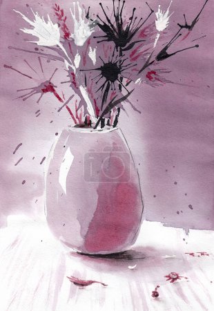 Photo for Bouquet of abstract wildflowers in a vase with blots and splashes. Hand drawn art painting with red dry wine on paper texture. Bitmap mage - Royalty Free Image