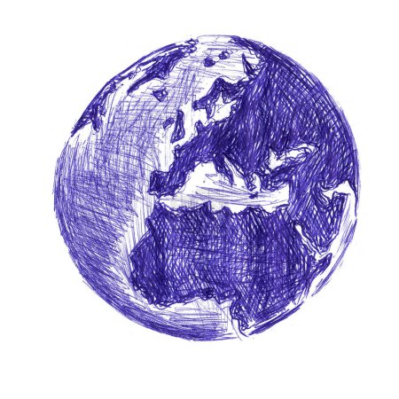 Photo for Abstract planet look like earth. Hand made sketch with ballpoint pen on paper texture. Isolated on white. Bitmap image - Royalty Free Image