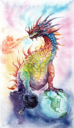 Abstract evil dragon wants to blow up planet earth. Hand drawn colorful watercolors on paper texture. Bitmap image