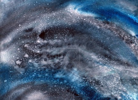Foto de Paisaje fantástico texturizado abstracto con estrellas en el cielo oscuro. Acuarelas dibujadas a mano sobre textura de papel. Desenfoque y propagación de la imagen de mapa de bits - Imagen libre de derechos