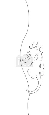 Illustration for Drawing of seahorse clinging to a water plant made in the one line art technique. Minimalistic black and white image - Royalty Free Image