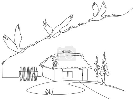 Téléchargez les photos : Conceptual image Ukrainian country house and cranes flying away. Continuous one line minimalistic art technique - en image libre de droit