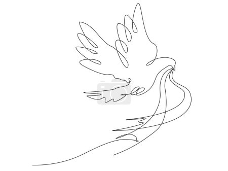 Téléchargez les photos : Conceptual image flying dove with ribbon in its beak. Continuous one line minimalistic art technique - en image libre de droit