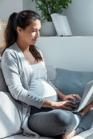 Photo for Shot of beautiful pregnant woman working with laptop sitting on sofa in the living room at home. - Royalty Free Image