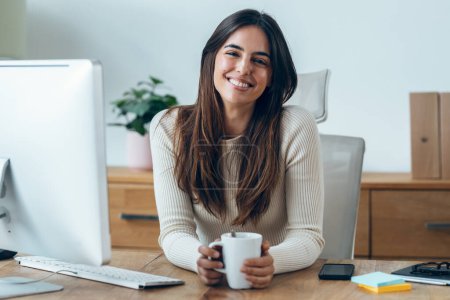 Téléchargez les photos : Prise de vue de femme d'affaires souriante travaillant avec un ordinateur portable tout en buvant du café en regardant la caméra dans le salon à la maison. - en image libre de droit