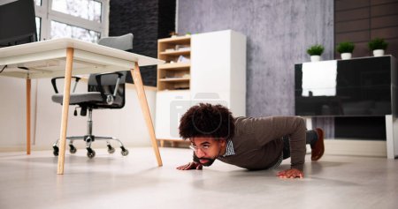 Photo for Workout Office Exercise. Healthy African American Doing Pushups - Royalty Free Image